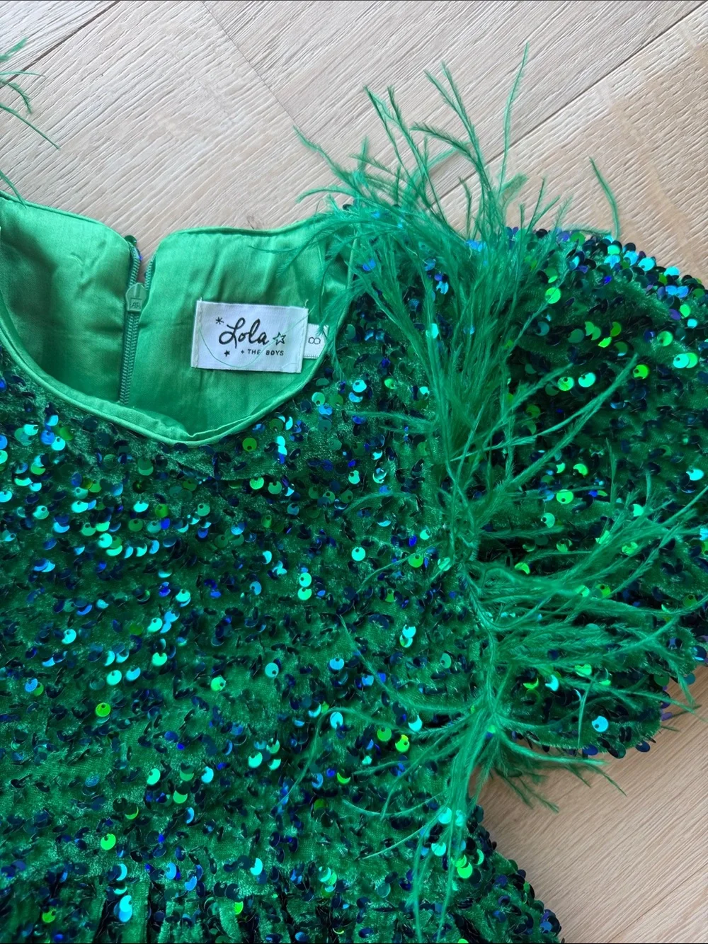 lola and the boys 8y Green Sequin Feather Kids Dress -💚